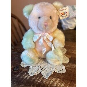 Vtg Tony Toy Pastel Sherbet Color Block Bear Plush Pink Yellow Green Stuffed